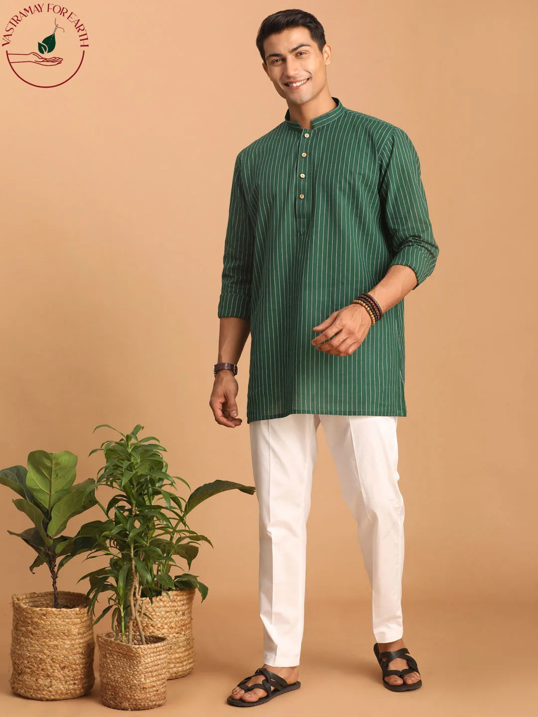 Vastramay Men's Green Striped Cotton Short Kurta With White Pant