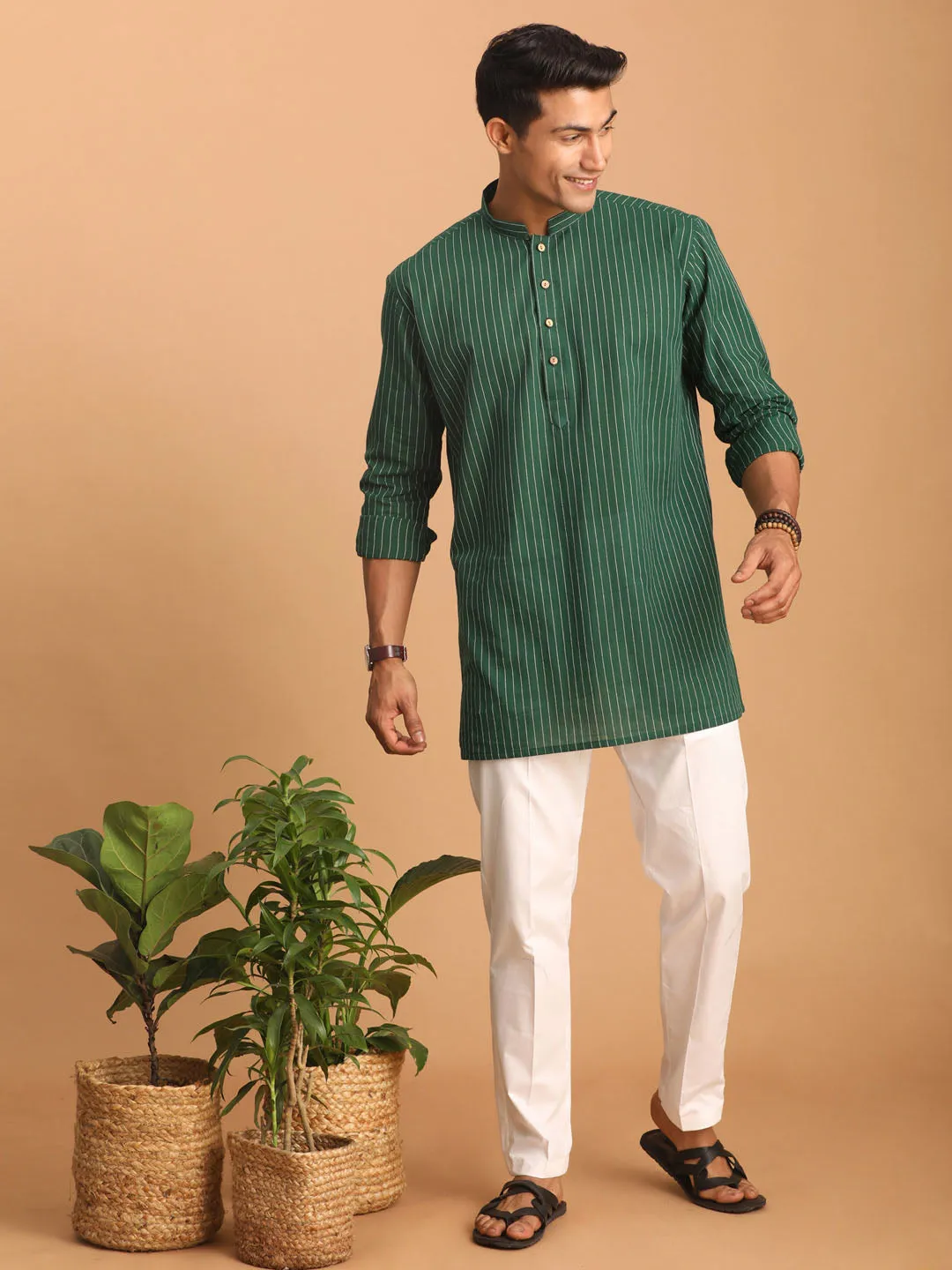 Vastramay Men's Green Striped Cotton Short Kurta With White Pant