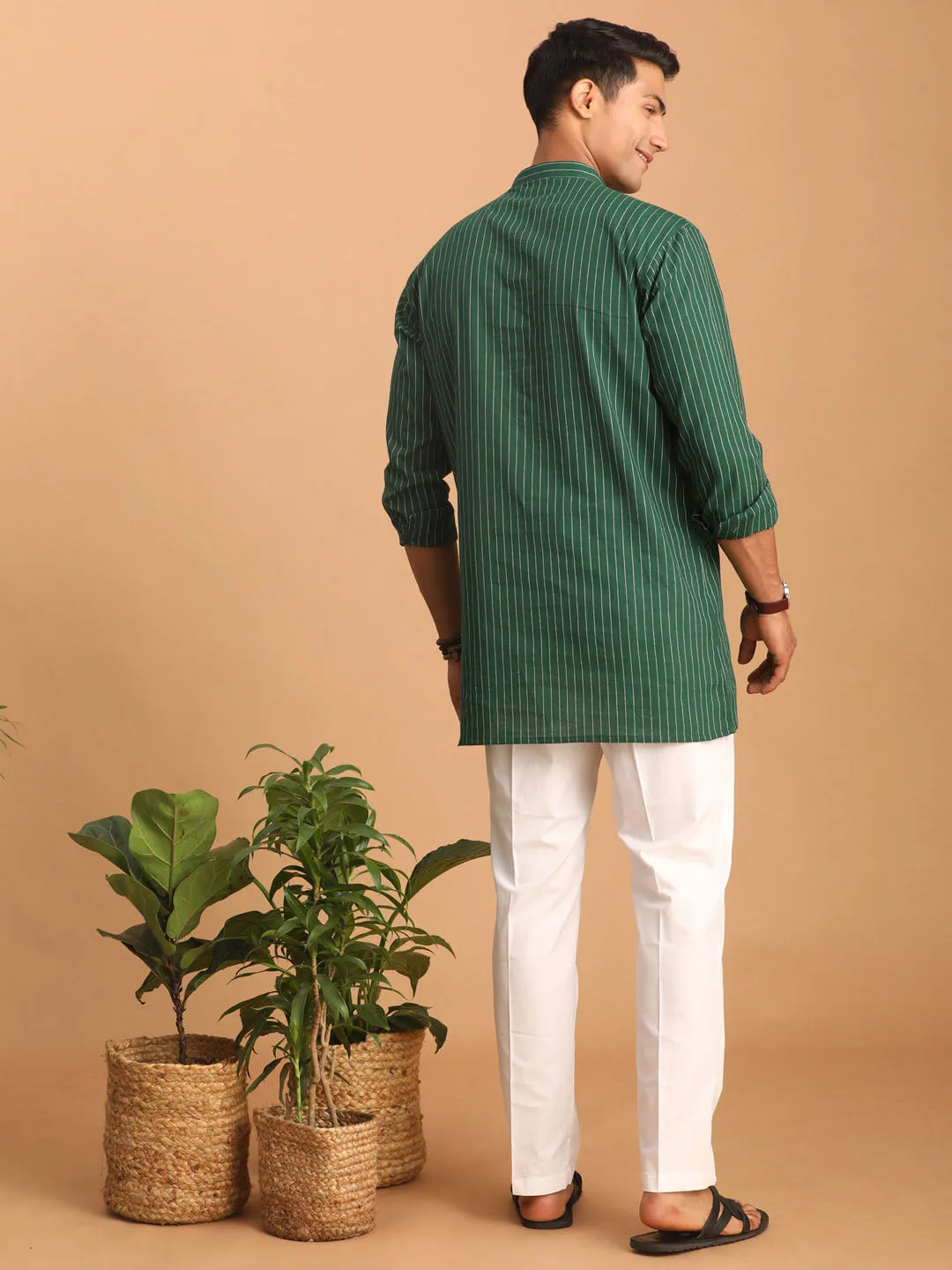 Vastramay Men's Green Striped Cotton Short Kurta With White Pant