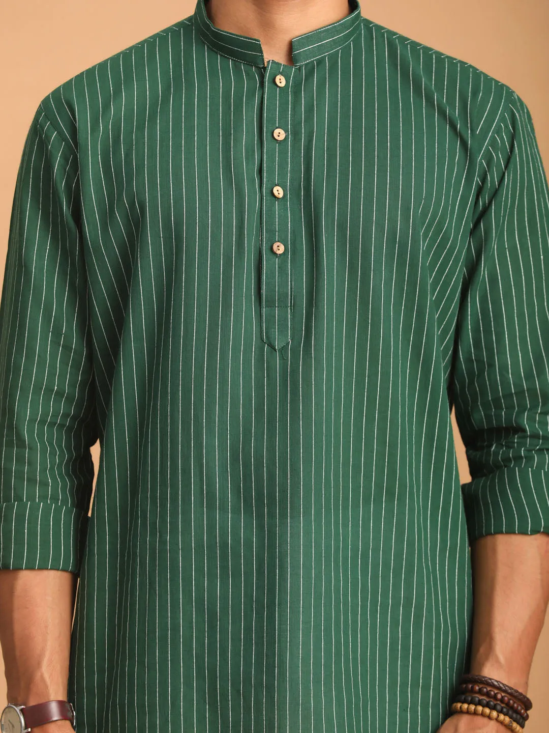 Vastramay Men's Green Striped Cotton Short Kurta With White Pant