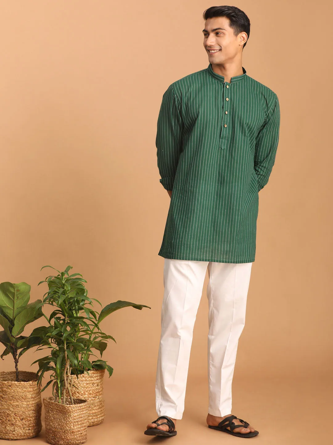 Vastramay Men's Green Striped Cotton Short Kurta With White Pant