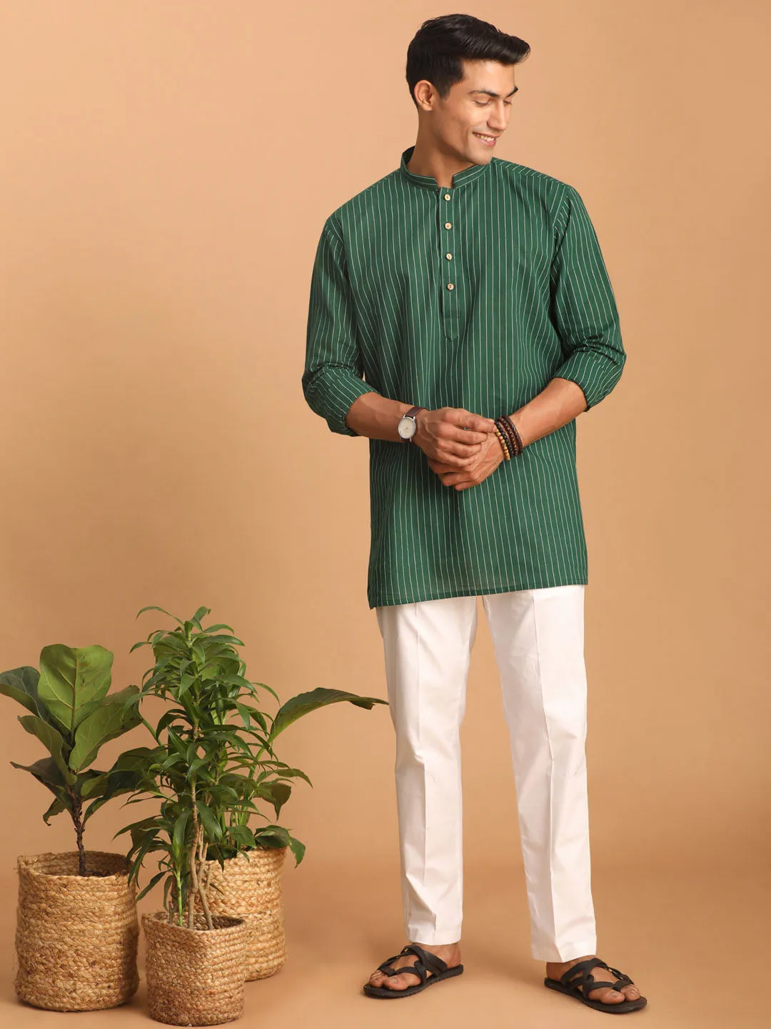 Vastramay Men's Green Striped Cotton Short Kurta With White Pant