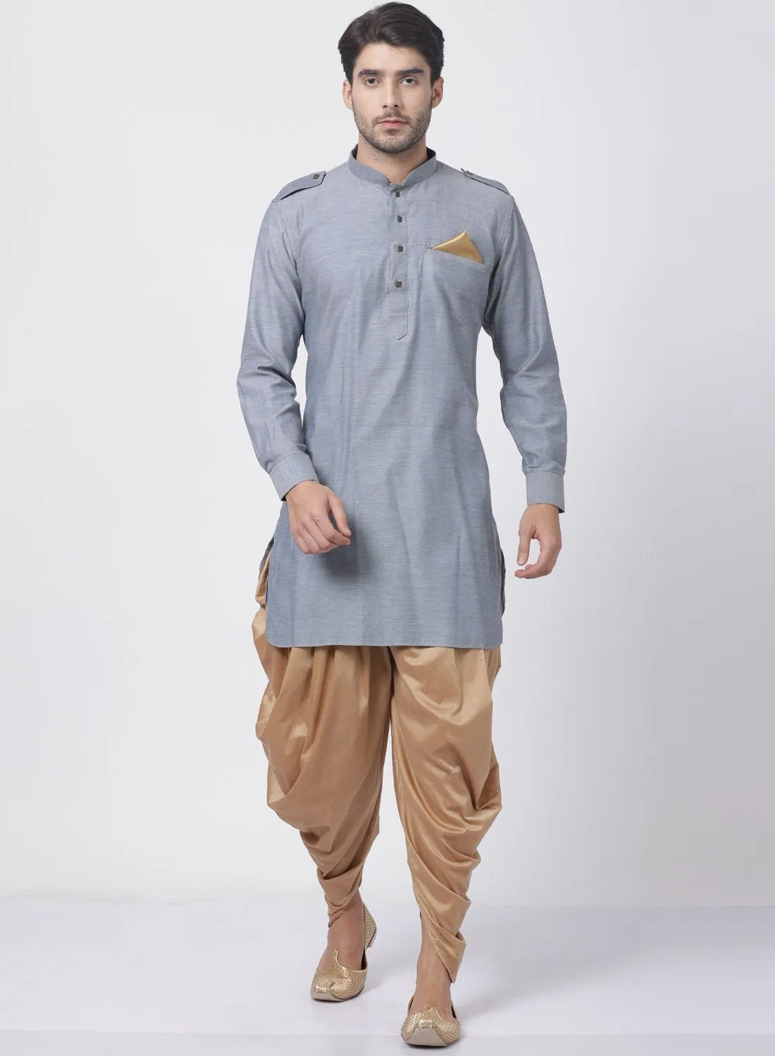 VASTRAMAY Men's Grey Cotton Kurta and Dhoti Pant Set