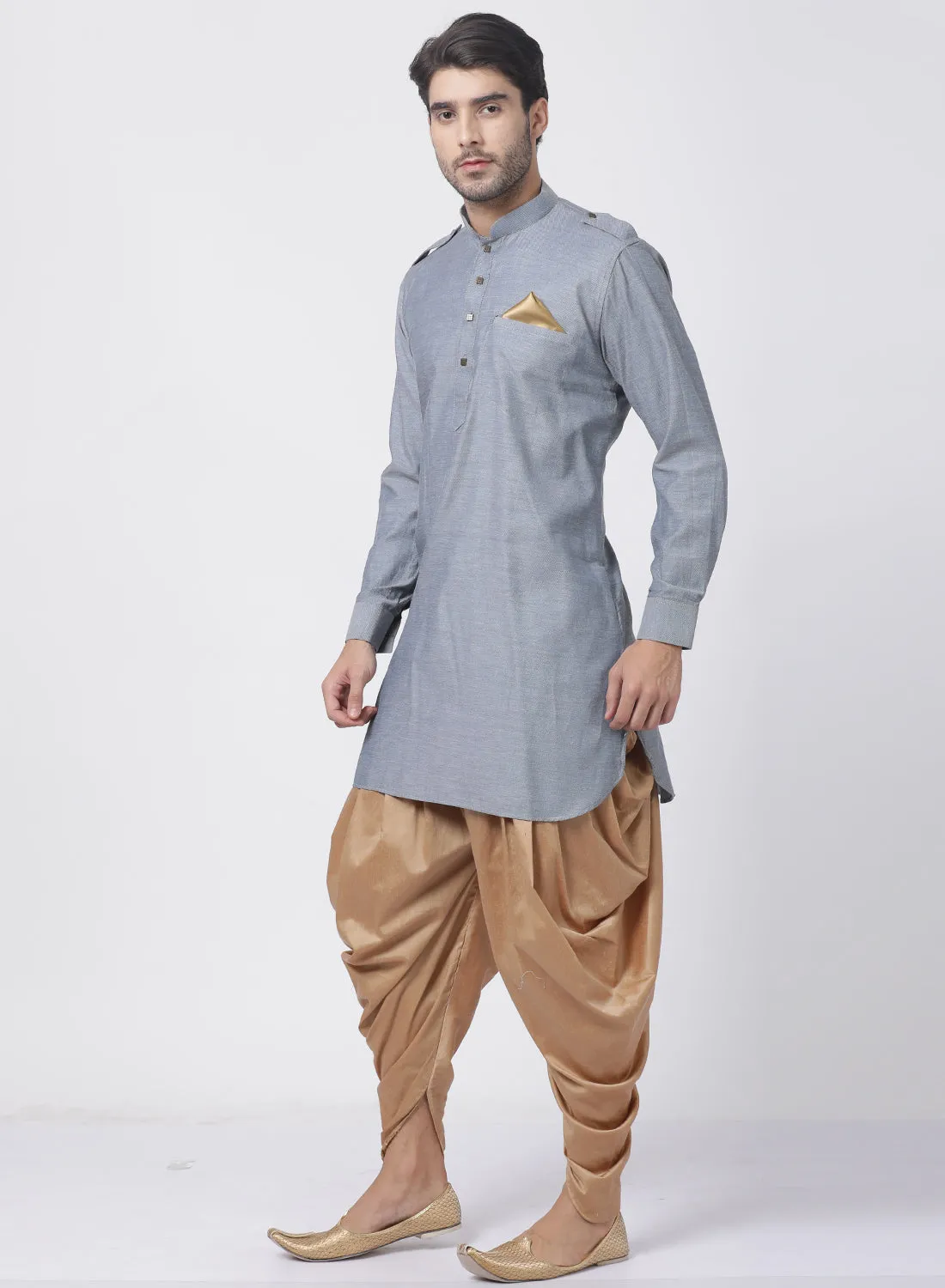 VASTRAMAY Men's Grey Cotton Kurta and Dhoti Pant Set