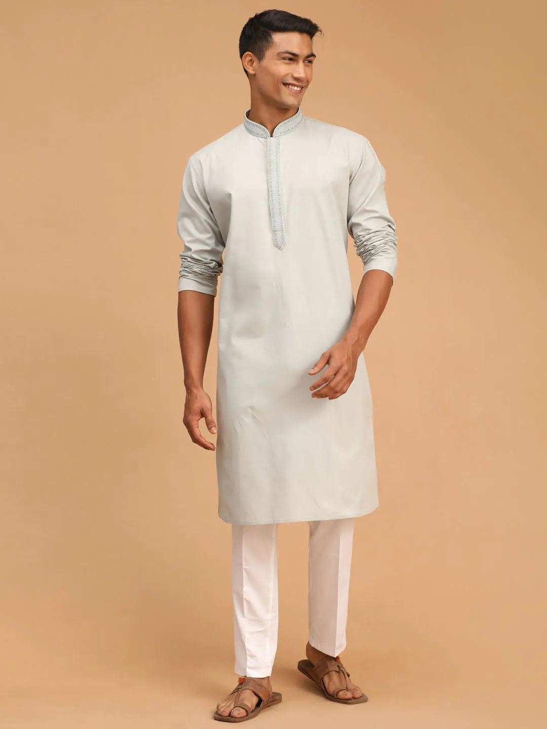 VASTRAMAY Men's Grey Cotton Kurta And Pant Style Cotton  Pyjama Set