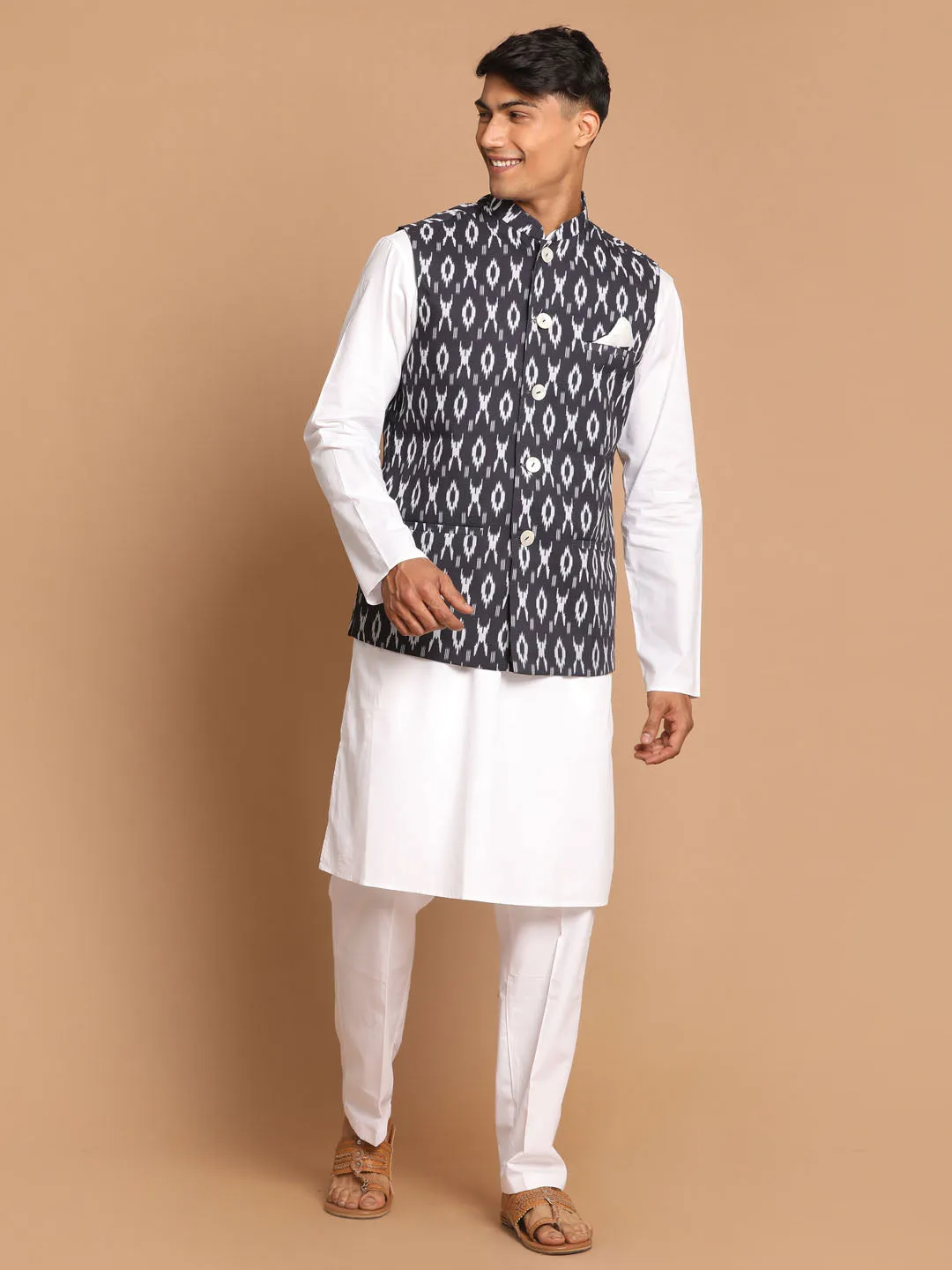 VASTRAMAY Men's Grey Printed Cotton Nehru Jacket With White Kurta And Pant Set