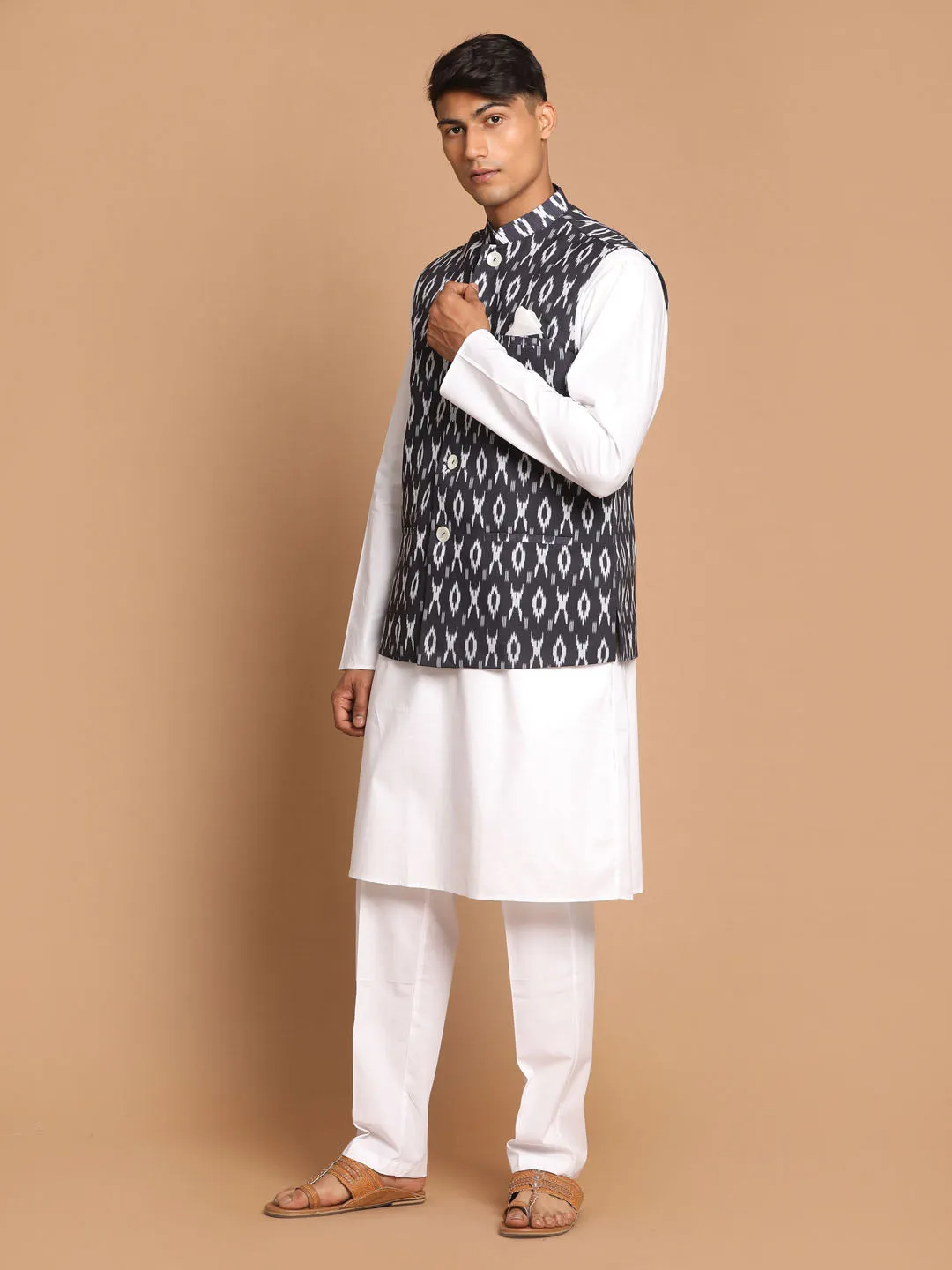 VASTRAMAY Men's Grey Printed Cotton Nehru Jacket With White Kurta And Pant Set