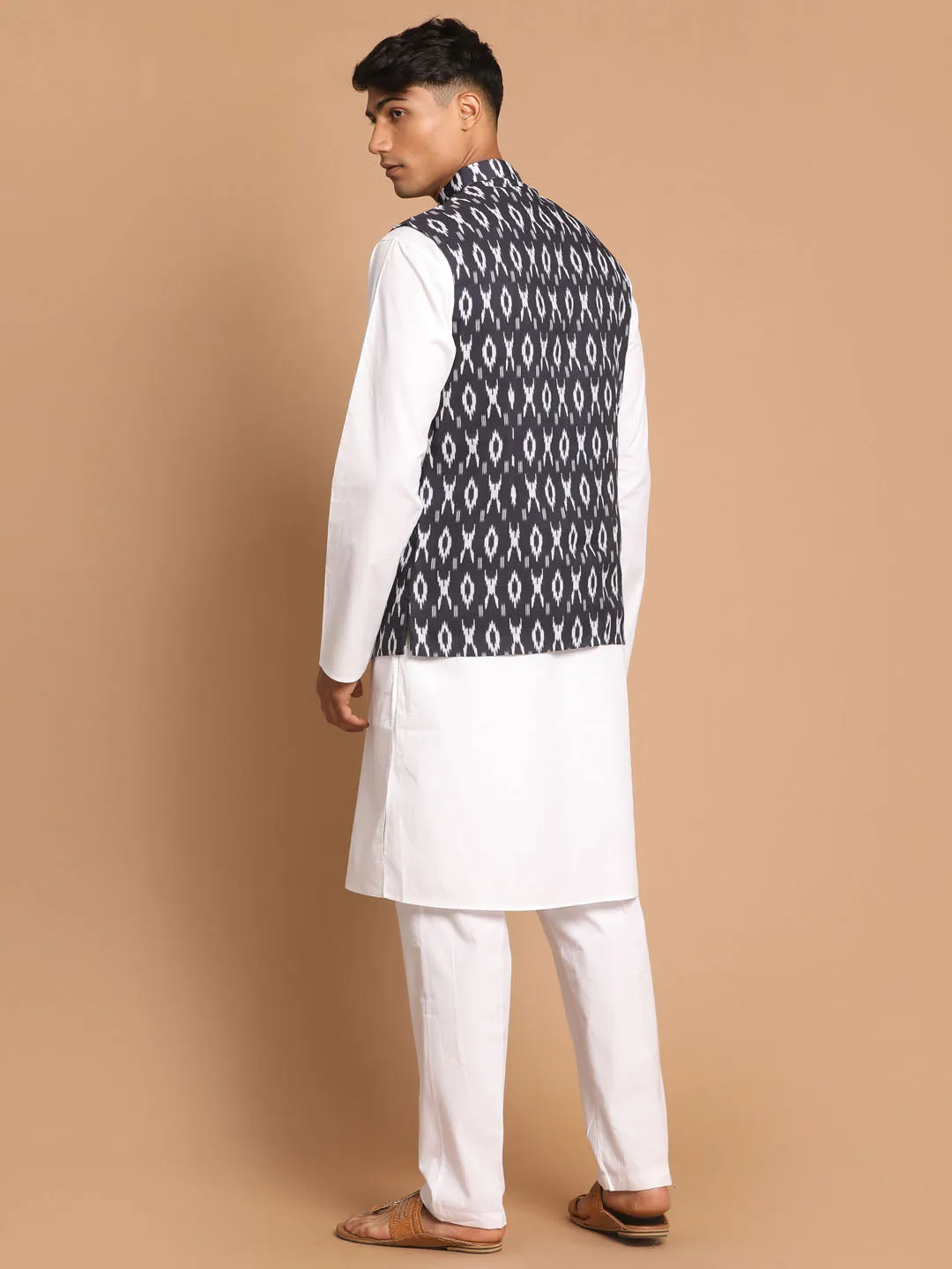 VASTRAMAY Men's Grey Printed Cotton Nehru Jacket With White Kurta And Pant Set