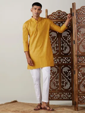 VASTRAMAY Men's Mustard Cotton Kurta With White Pant Set