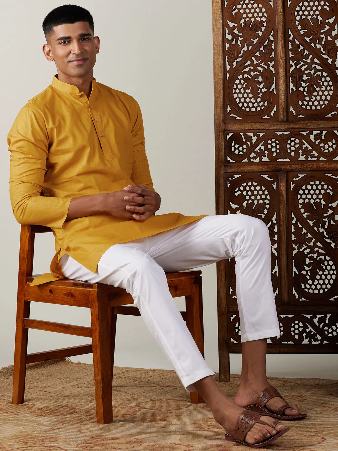 VASTRAMAY Men's Mustard Cotton Kurta With White Pant Set