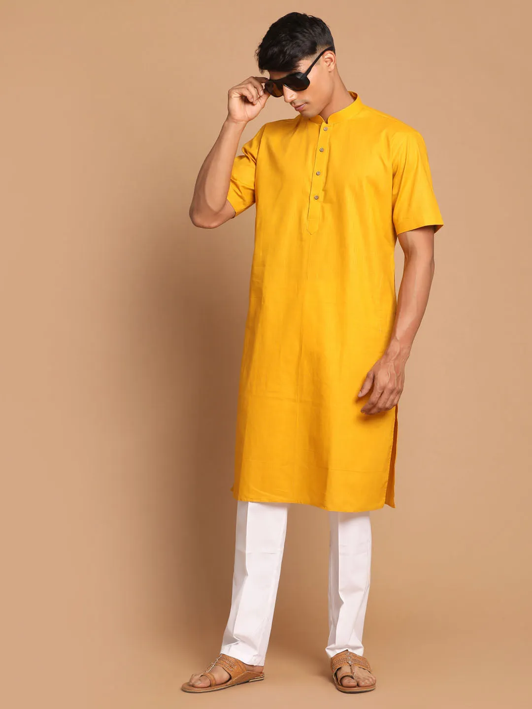 VASTRAMAY Men's Mustard Solid Kurta with White Pant style Cotton Pyjama Set