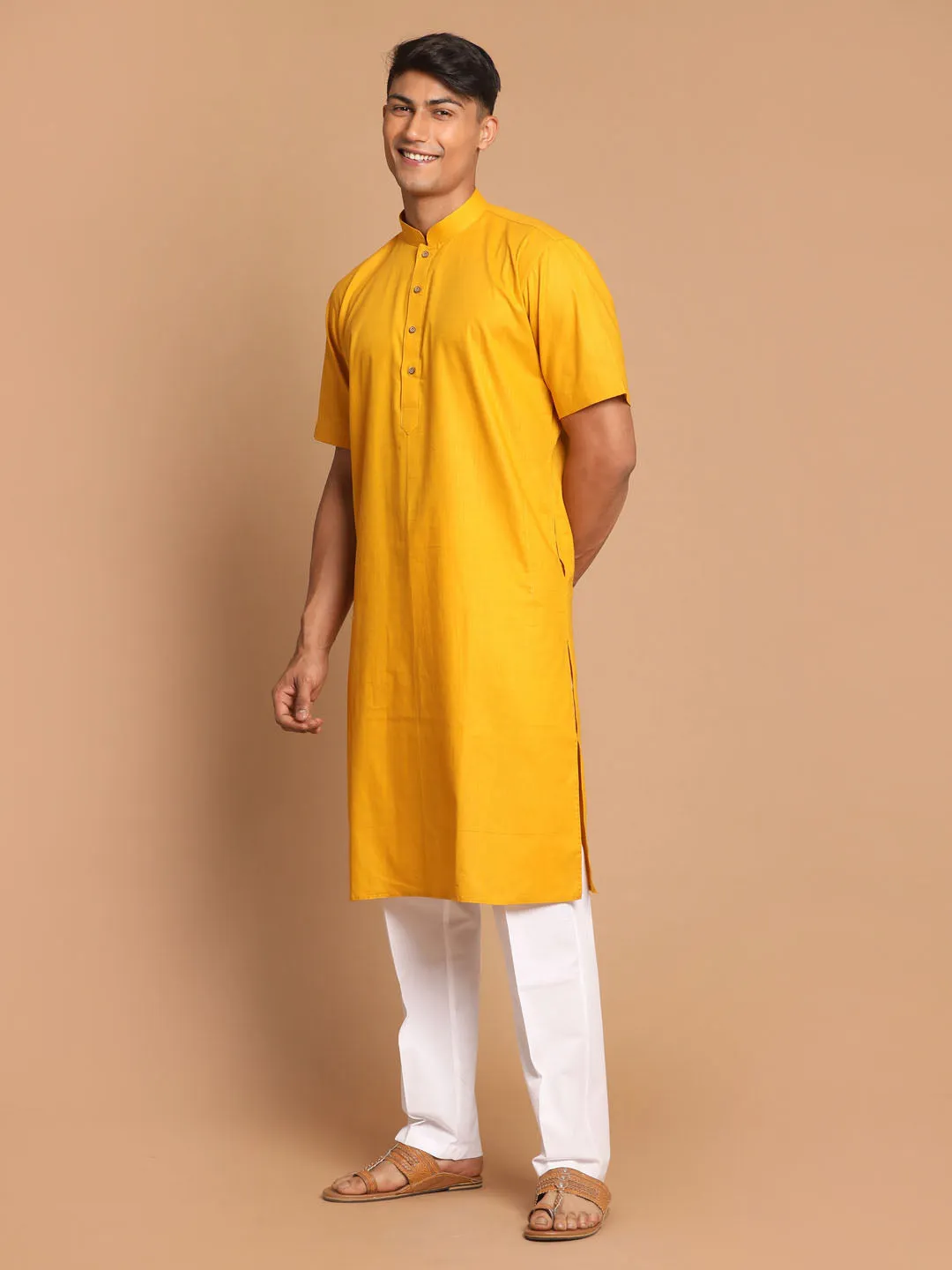 VASTRAMAY Men's Mustard Solid Kurta with White Pant style Cotton Pyjama Set