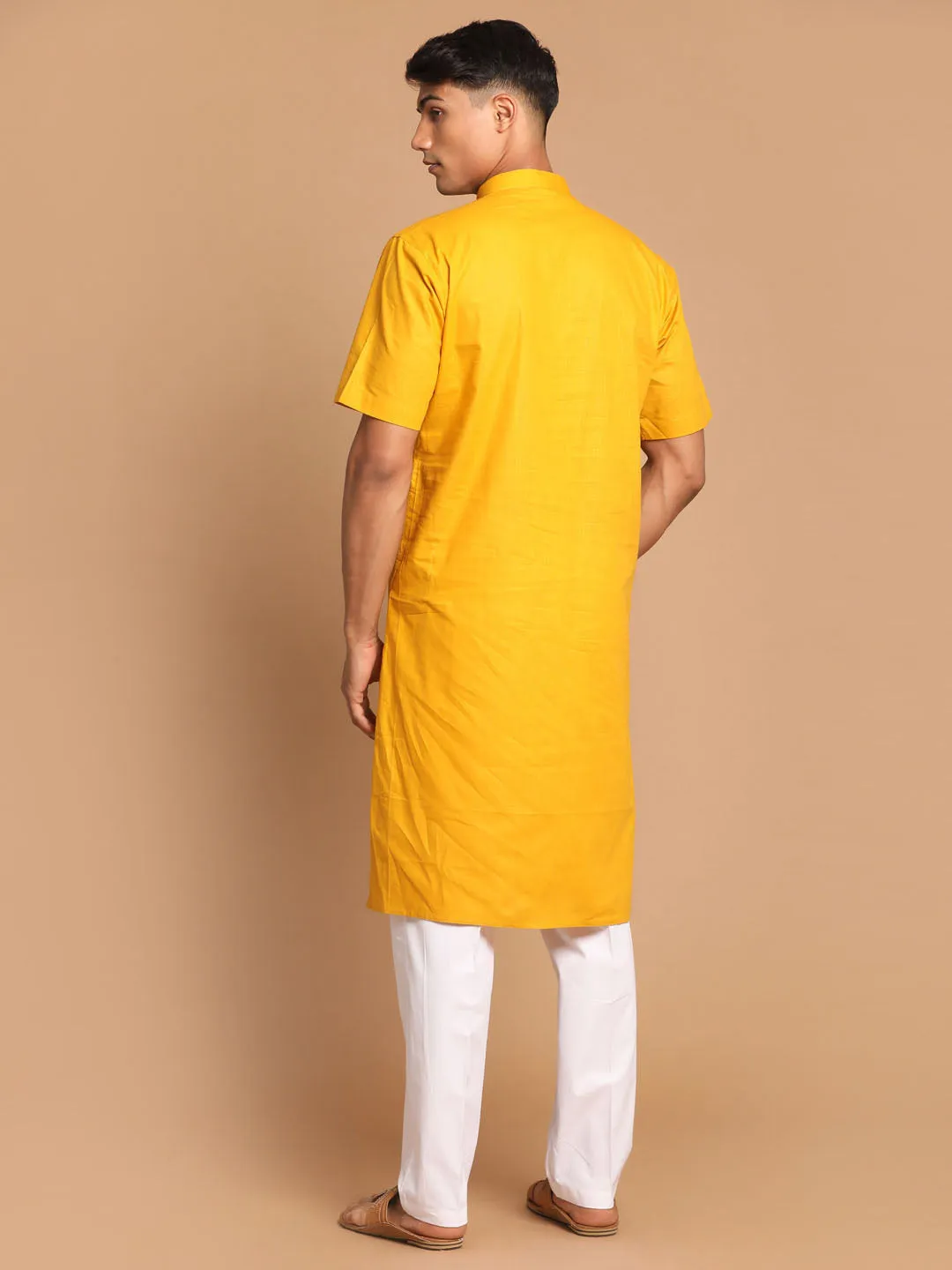 VASTRAMAY Men's Mustard Solid Kurta with White Pant style Cotton Pyjama Set