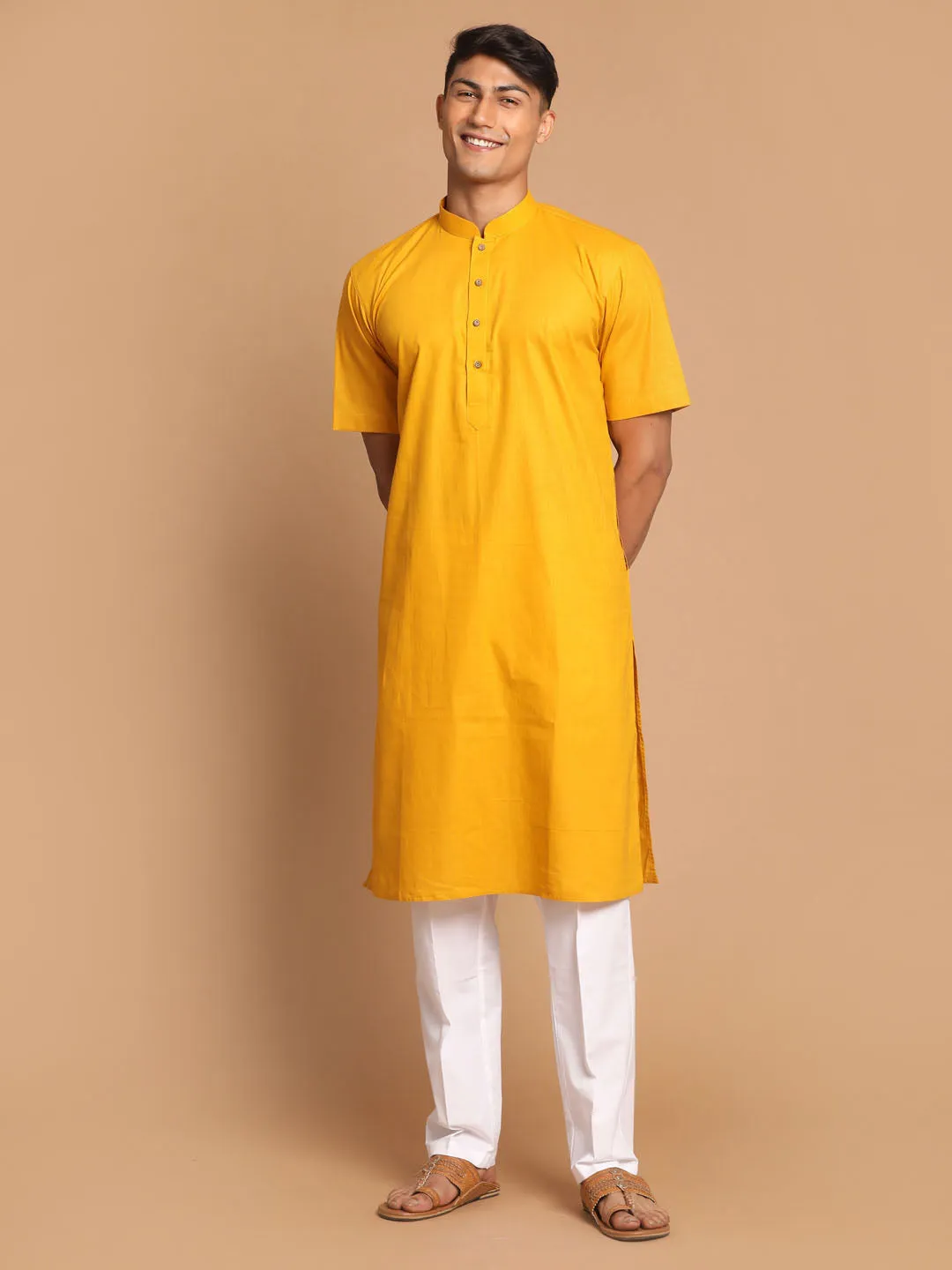 VASTRAMAY Men's Mustard Solid Kurta with White Pant style Cotton Pyjama Set