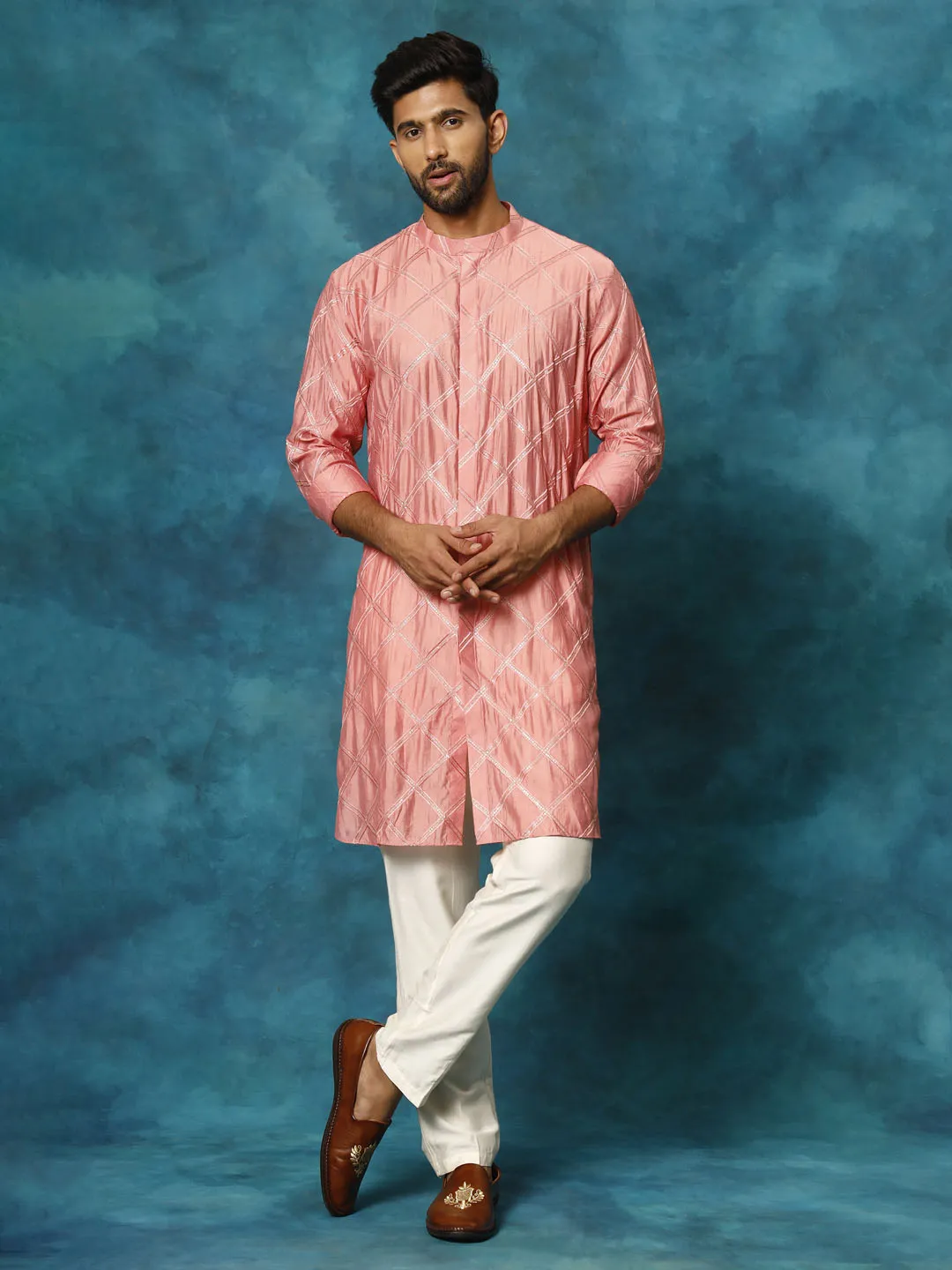 Vastramay Men's Onion Pink Chanderi Cotton Embellished Kurta Pant Set