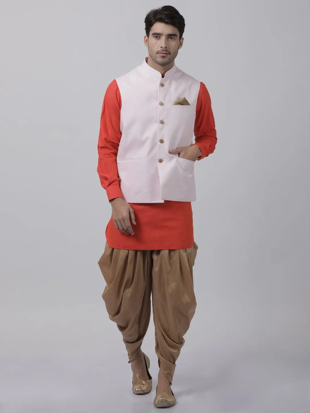 VASTRAMAY Men's Orange Cotton Blend Kurta, Ethnic Jacket and Dhoti Pant Set