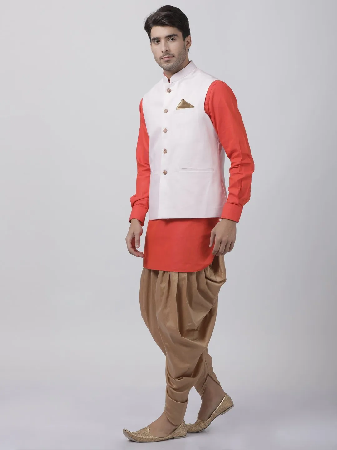 VASTRAMAY Men's Orange Cotton Blend Kurta, Ethnic Jacket and Dhoti Pant Set