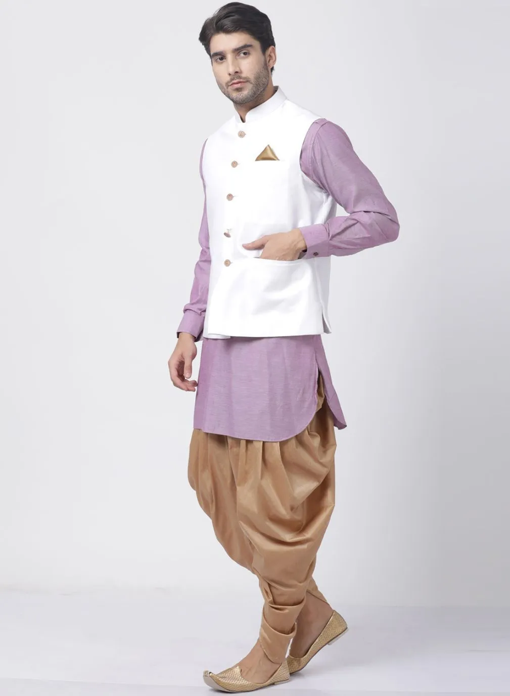 VASTRAMAY Men's Purple Cotton Blend Ethnic Jacket, Kurta and Dhoti Pant Set