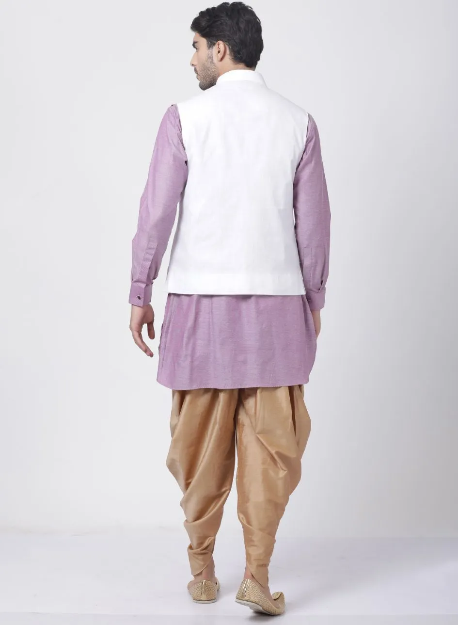 VASTRAMAY Men's Purple Cotton Blend Ethnic Jacket, Kurta and Dhoti Pant Set