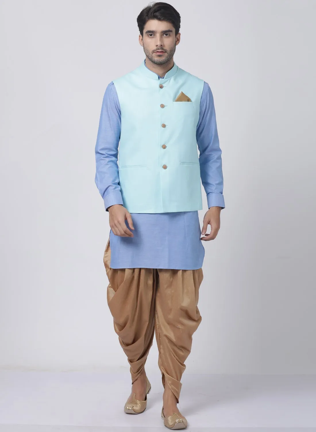 VASTRAMAY Men's Purple Cotton Blend Kurta, Light Blue Ethnic Jacket and Dhoti Pant Set