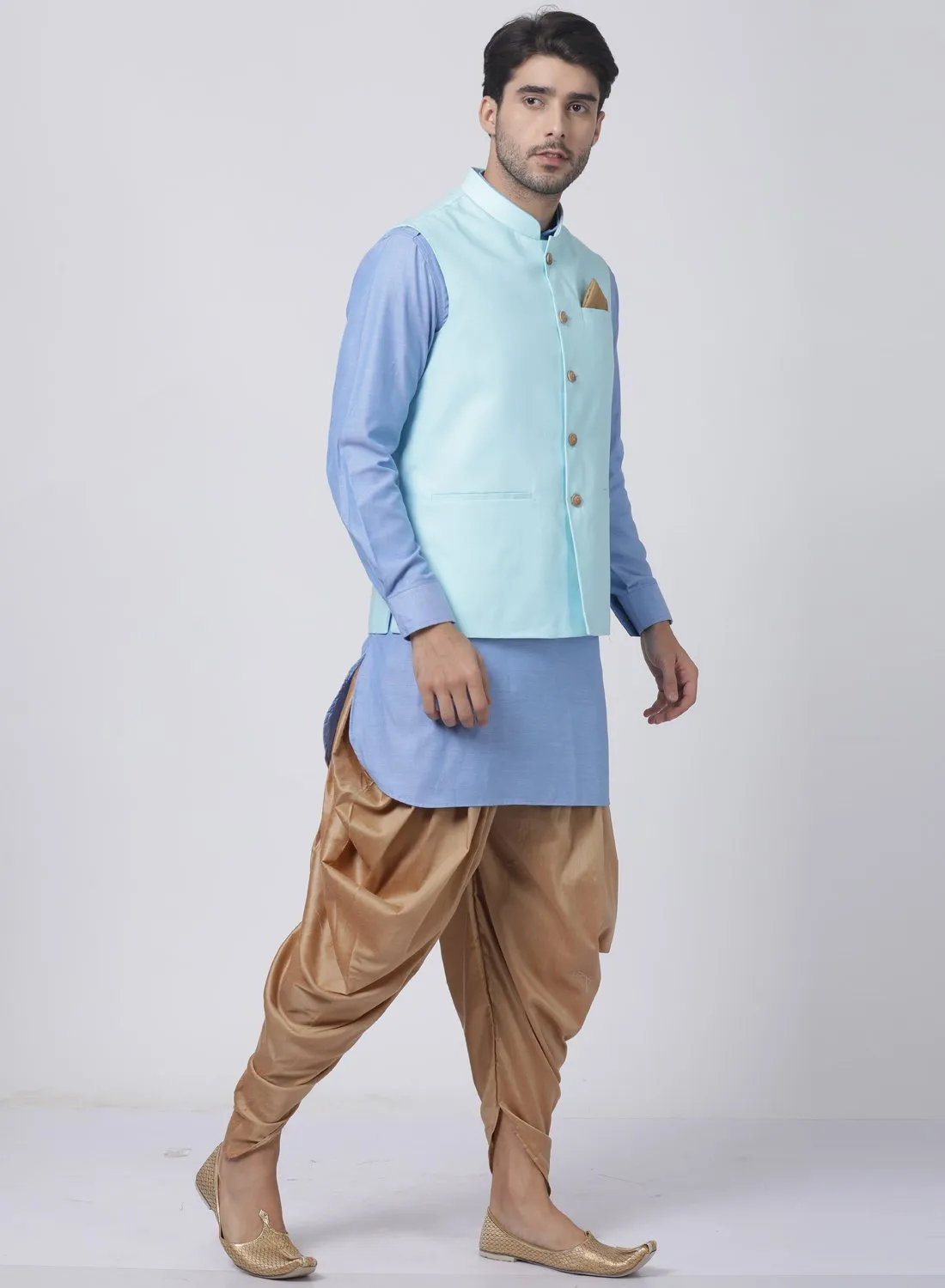 VASTRAMAY Men's Purple Cotton Blend Kurta, Light Blue Ethnic Jacket and Dhoti Pant Set