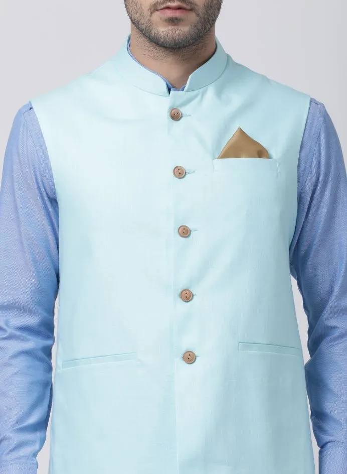 VASTRAMAY Men's Purple Cotton Blend Kurta, Light Blue Ethnic Jacket and Dhoti Pant Set