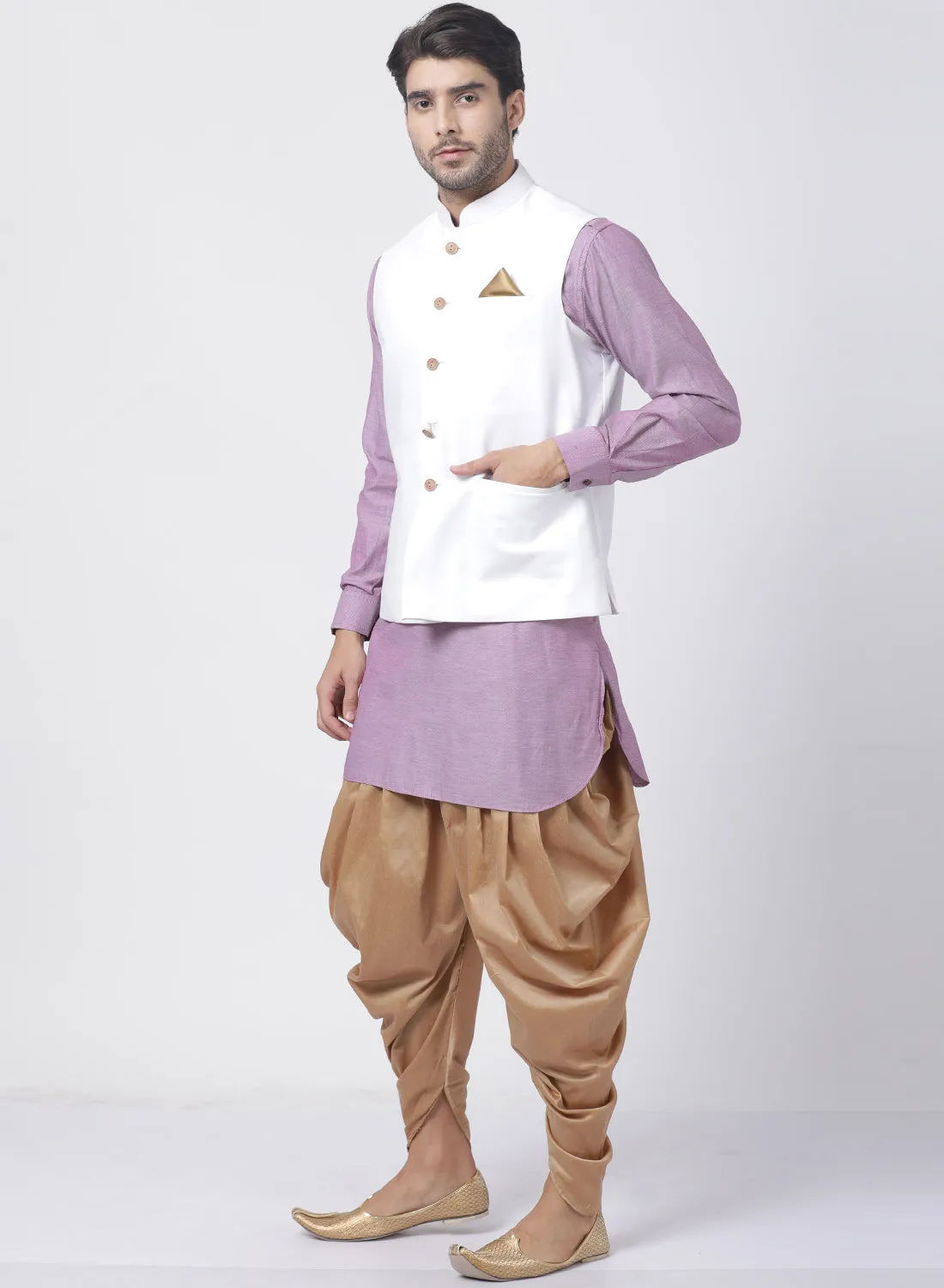 VASTRAMAY Men's Purple Cotton Blend Kurta, White Ethnic Jacket and Dhoti Pant Set