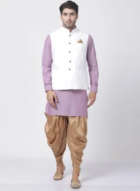 VASTRAMAY Men's Purple Cotton Blend Kurta, White Ethnic Jacket and Dhoti Pant Set