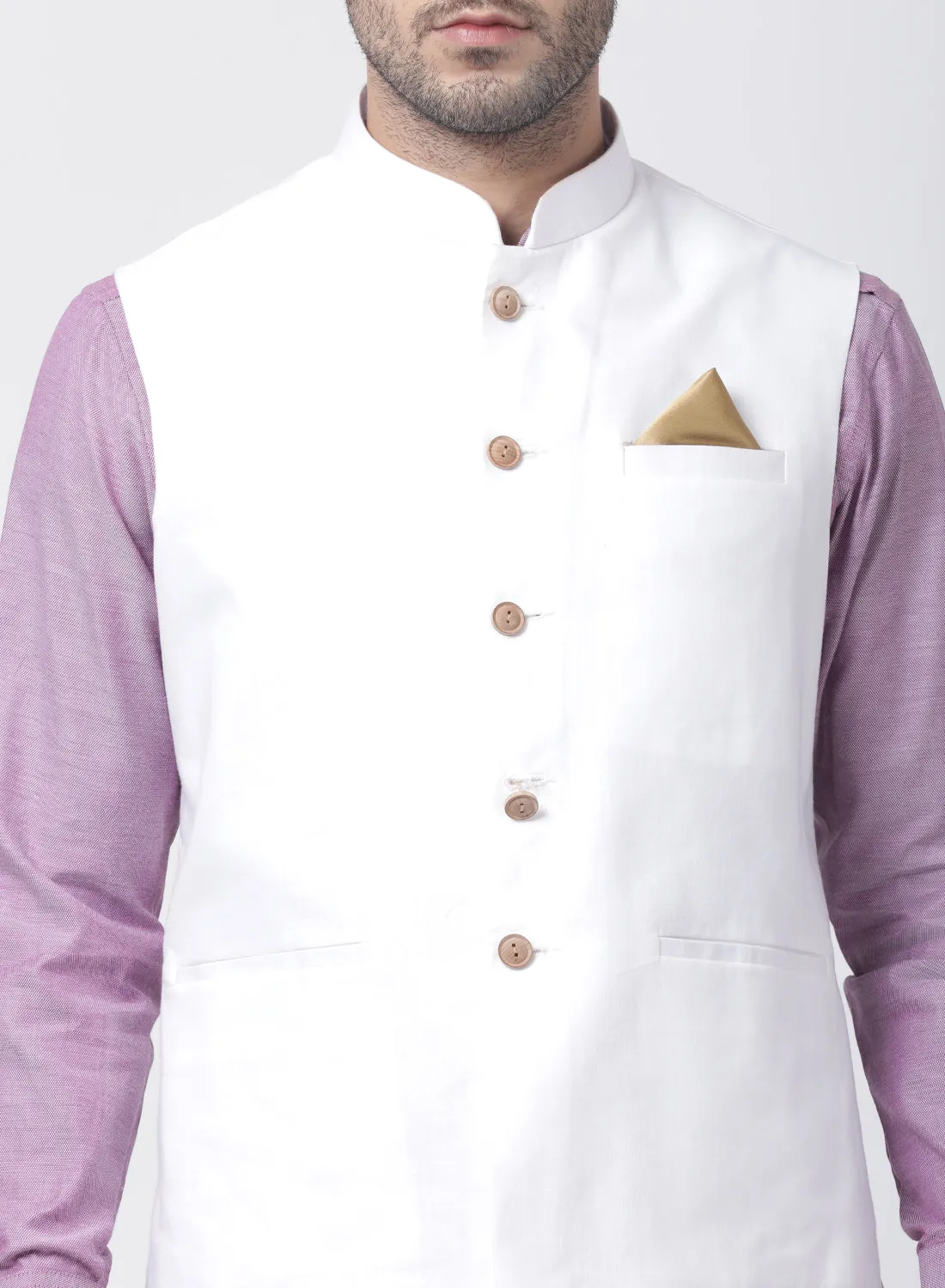 VASTRAMAY Men's Purple Cotton Blend Kurta, White Ethnic Jacket and Dhoti Pant Set