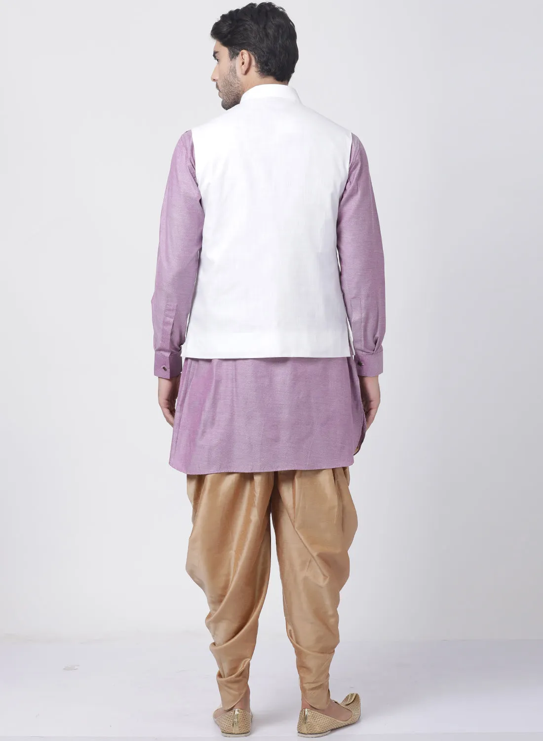 VASTRAMAY Men's Purple Cotton Blend Kurta, White Ethnic Jacket and Dhoti Pant Set