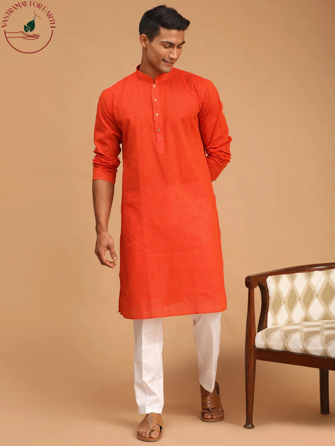 VASTRAMAY Men's Red Cotton Handloom Kurta With White Pant Set