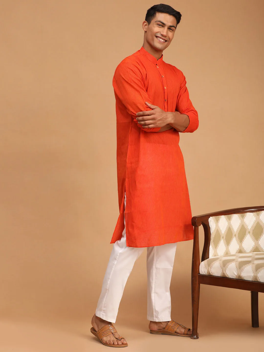 VASTRAMAY Men's Red Cotton Handloom Kurta With White Pant Set