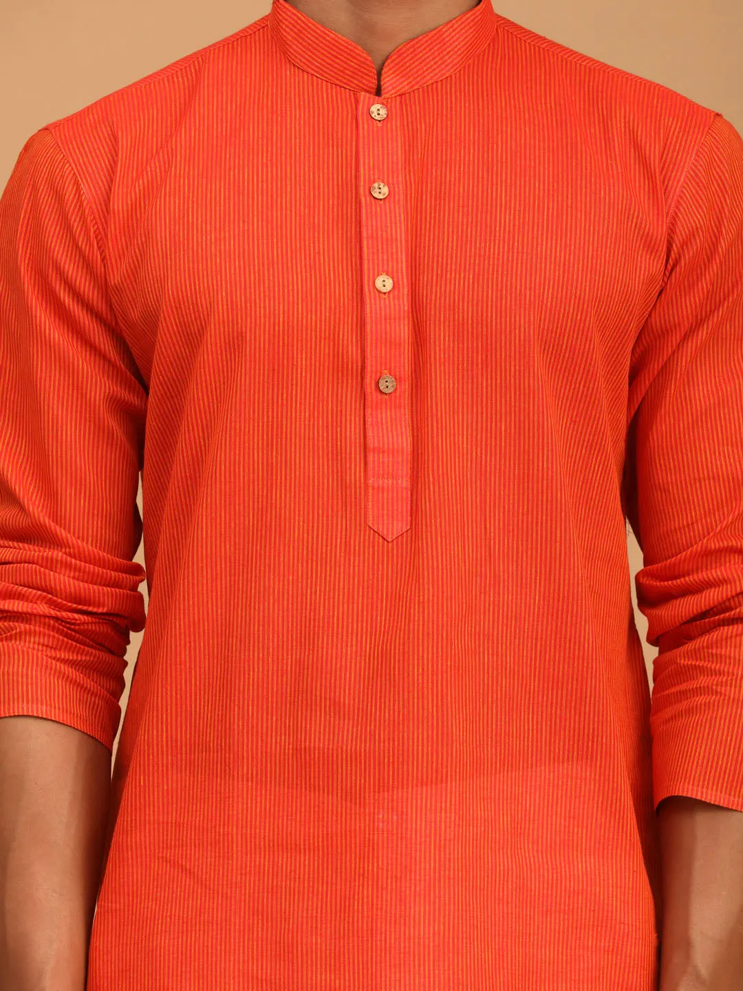 VASTRAMAY Men's Red Cotton Handloom Kurta With White Pant Set