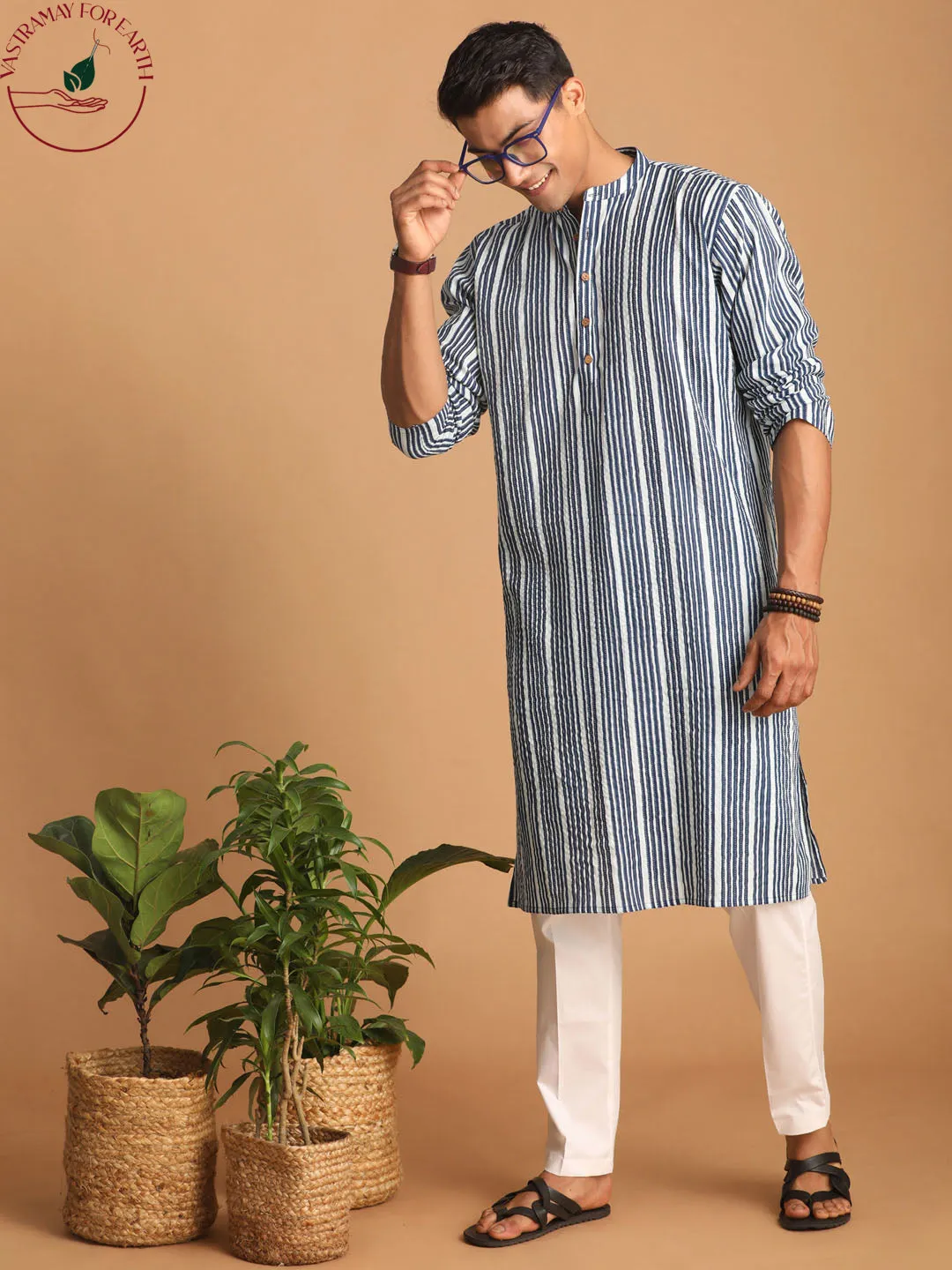 VASTRAMAY Men's White And Blue Striped cotton Kurta with White Pant Set