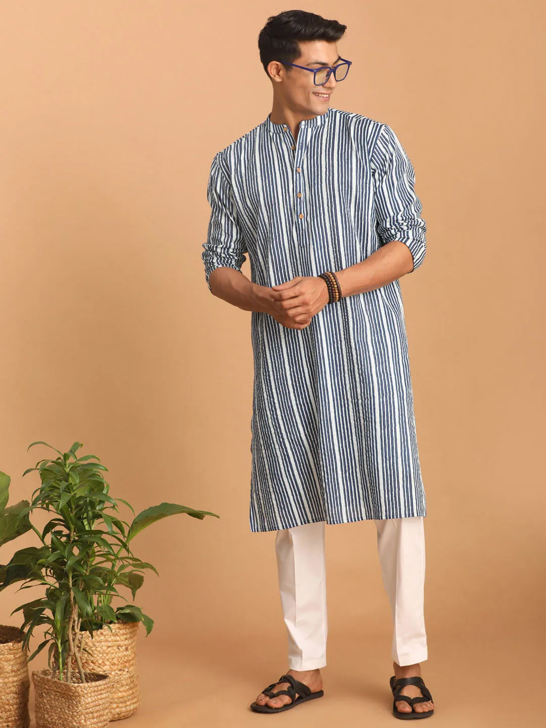 VASTRAMAY Men's White And Blue Striped cotton Kurta with White Pant Set