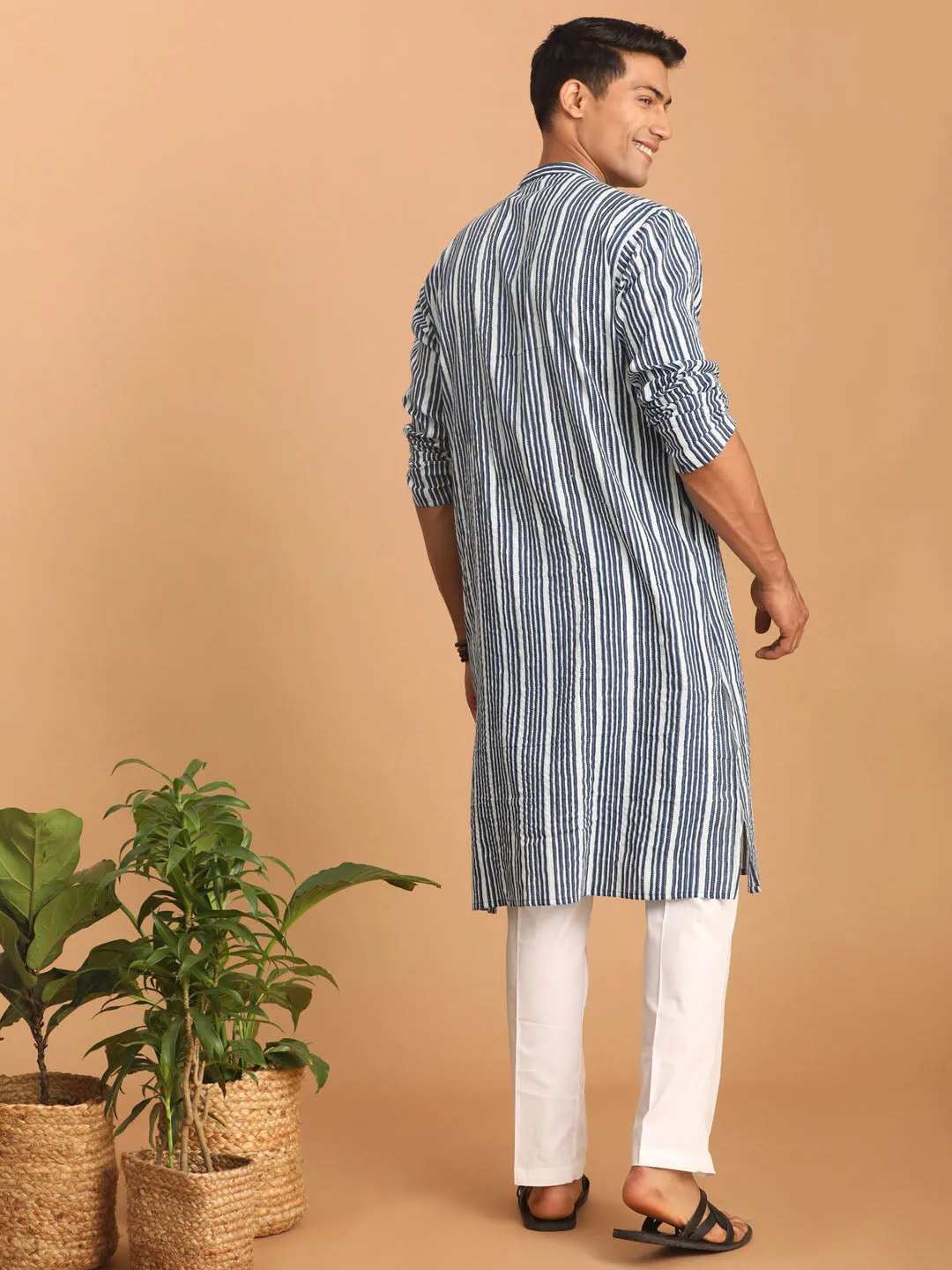 VASTRAMAY Men's White And Blue Striped cotton Kurta with White Pant Set