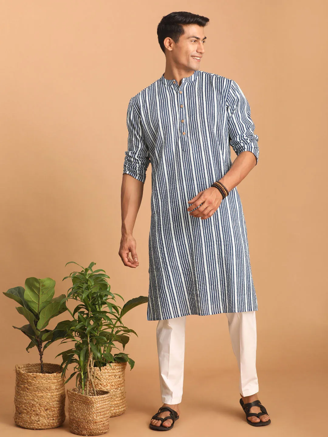 VASTRAMAY Men's White And Blue Striped cotton Kurta with White Pant Set