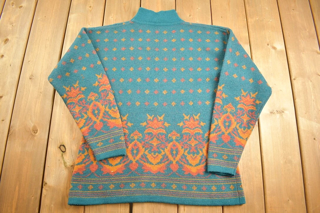 Vintage 1980s 100% Wool Patterned Mock Neck Sweater / Vintage 80s Cable Knit / All Over Pattern / Colourful Sweatshirt / Abstrac