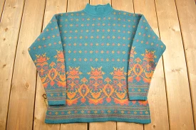 Vintage 1980s 100% Wool Patterned Mock Neck Sweater / Vintage 80s Cable Knit / All Over Pattern / Colourful Sweatshirt / Abstrac