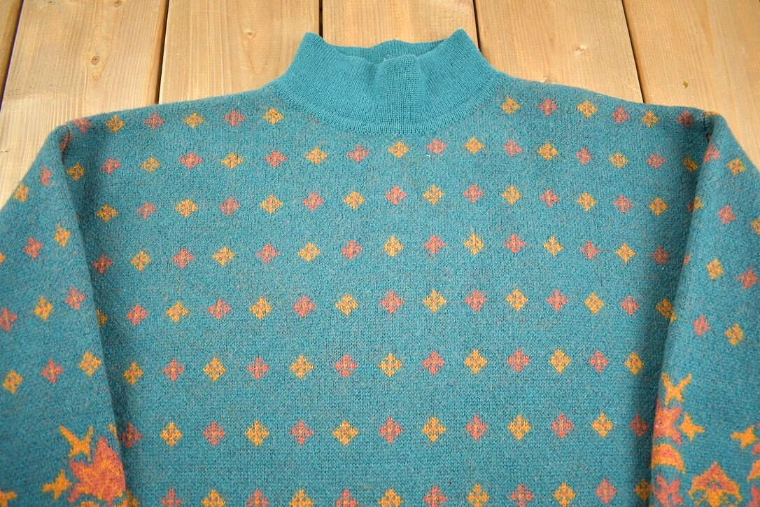 Vintage 1980s 100% Wool Patterned Mock Neck Sweater / Vintage 80s Cable Knit / All Over Pattern / Colourful Sweatshirt / Abstrac