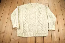 Vintage 1980s 3D Cable Knit Sweater / Size L-XL / 100% Wool Sweater / Blank Sweater