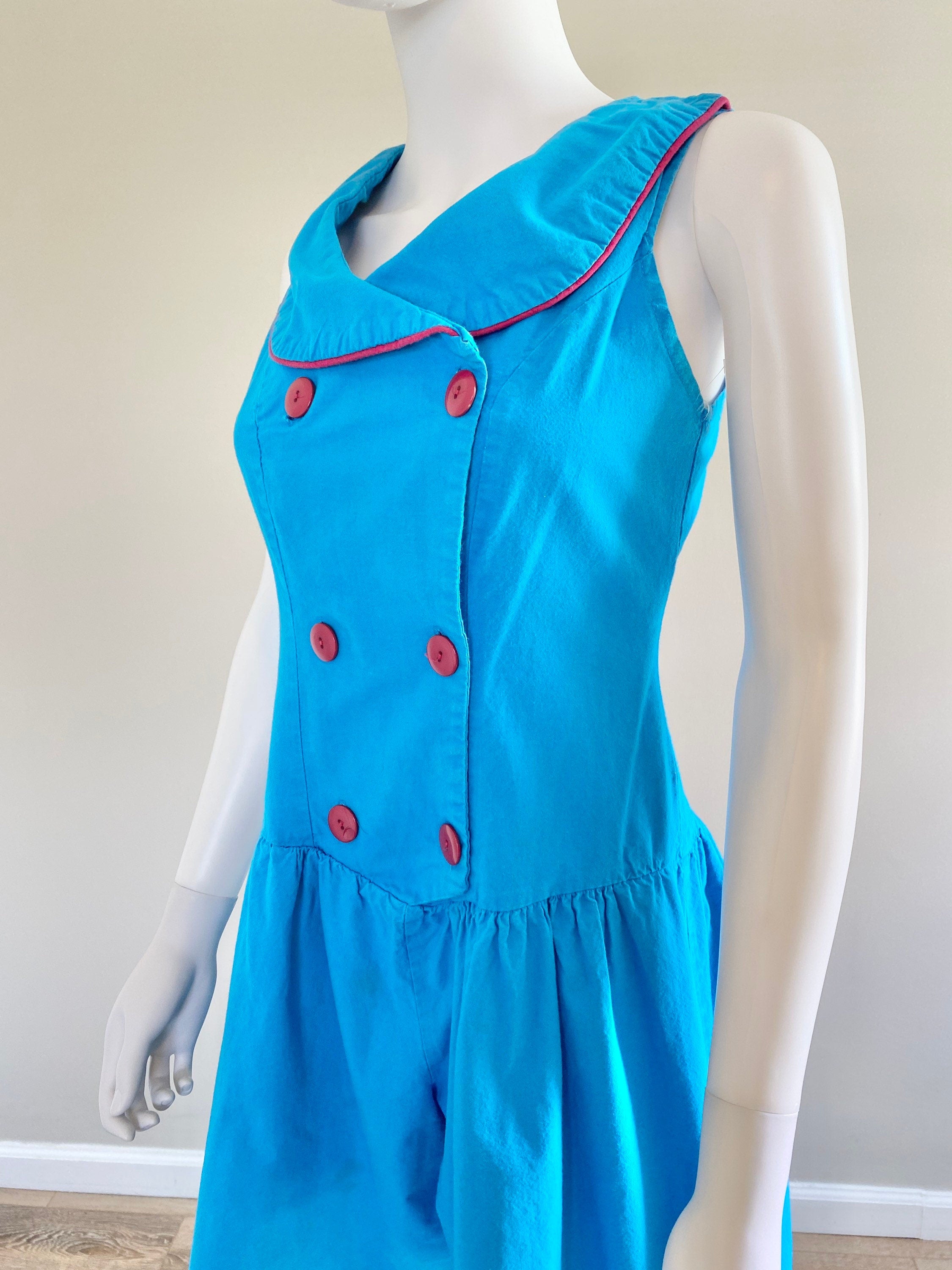 Vintage 1980s Blue Nautical Romper / 80s Sleeveless Cotton Romper / Size S