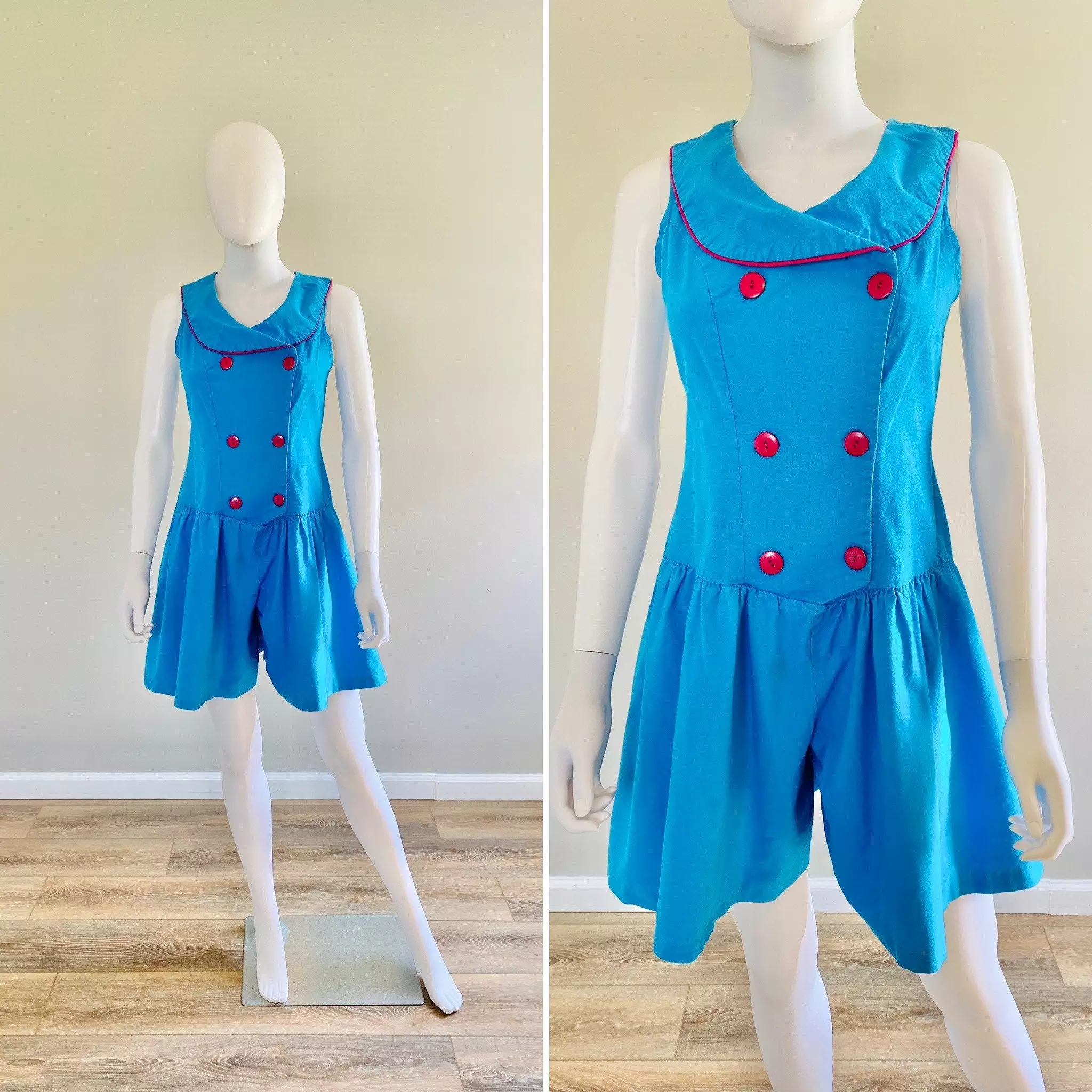 Vintage 1980s Blue Nautical Romper / 80s Sleeveless Cotton Romper / Size S