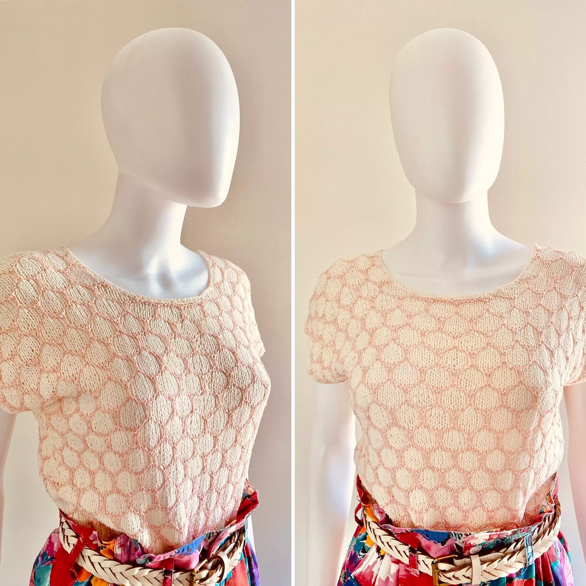 Vintage 1980s Pink and White Rayon Knit Keyhole Sweater / 80s retro lightweight top / Size S M