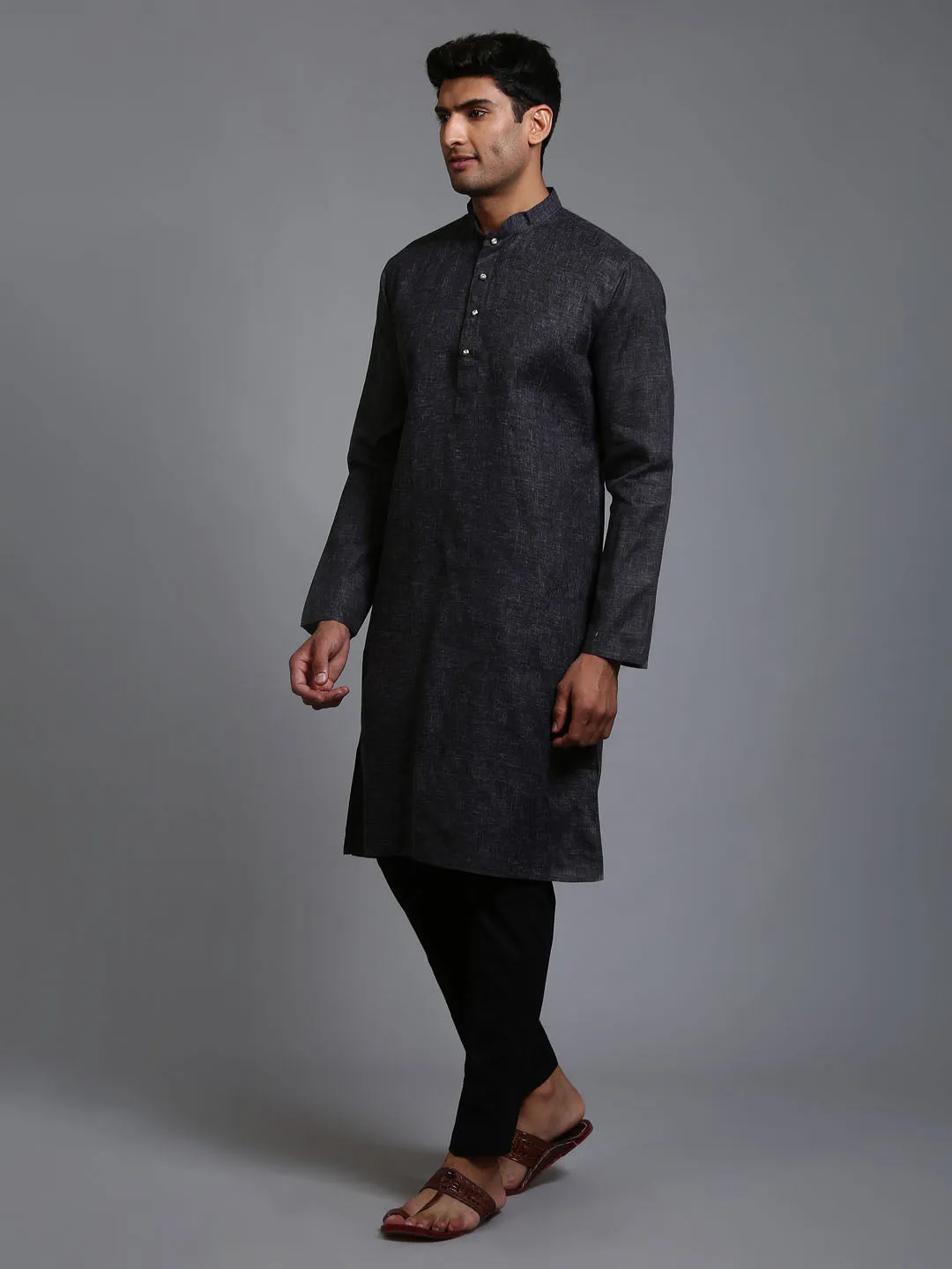 VM BY VASTRAMAY Men's Black Cotton Kurta with Pant Set