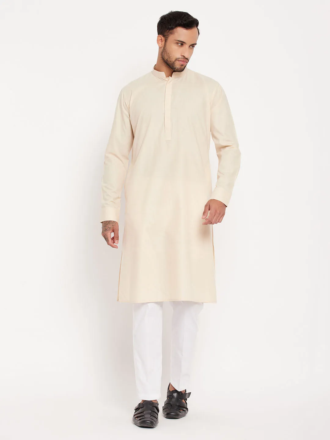 VM By VASTRAMAY Men's Cream Cotton Blend Kurta and White Pant Style Pyjama Set