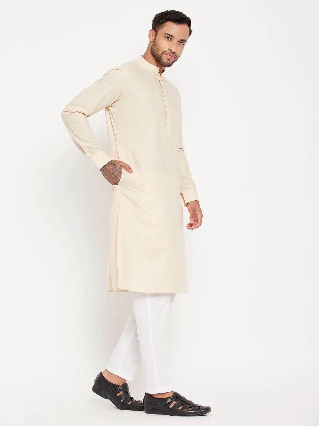 VM By VASTRAMAY Men's Cream Cotton Blend Kurta and White Pant Style Pyjama Set