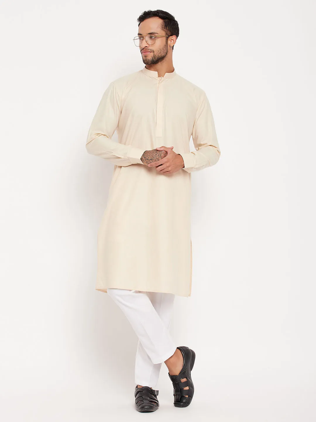 VM By VASTRAMAY Men's Cream Cotton Blend Kurta and White Pant Style Pyjama Set