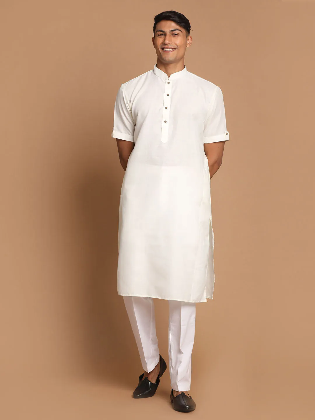 VM By VASTRAMAY Men's Cream Solid Kurta with White Pant style Cotton Pyjama Set