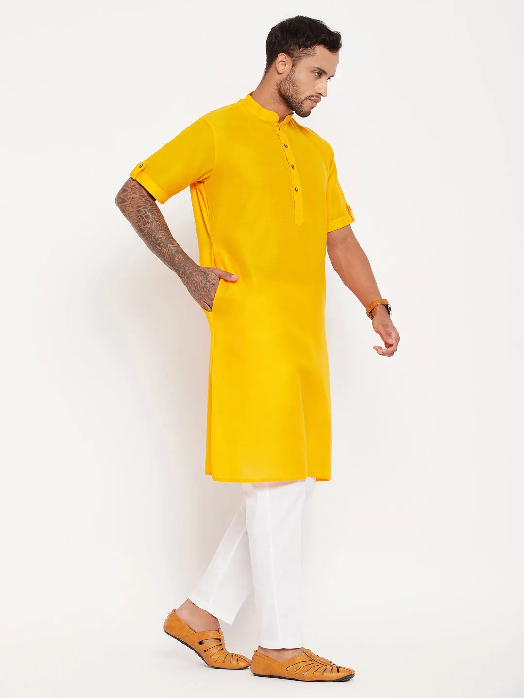 VM By VASTRAMAY Men's Mustard Solid Kurta with White Pant style Cotton Pyjama Set